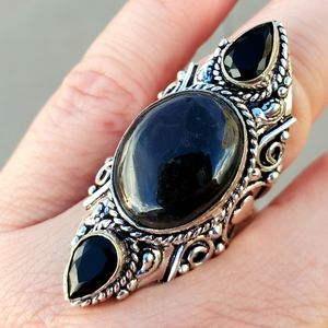 New Amazing Merlinite & Black Onyx 925 Silver Statement Ring.